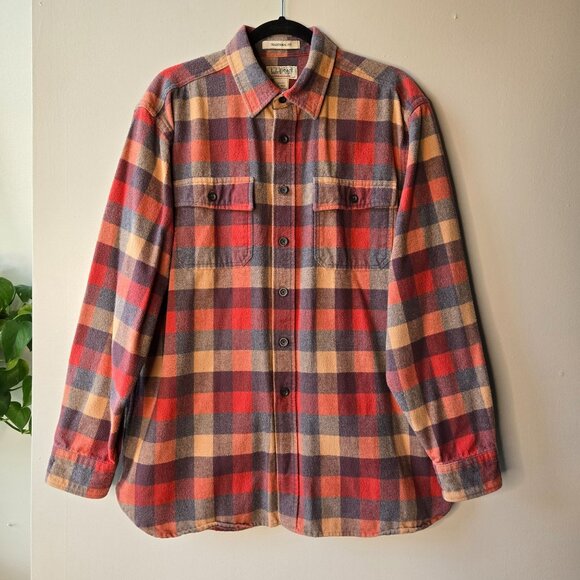 Vintage Retro L.L. Bean Mens Flannel Shirt Barn Chore L Plaid Button Up Long Sle - Picture 1 of 8